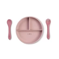 Set diversificare bebelusi, silicon alimentar premium, 4 piese , farfurie sectionata, lingurita, furculita, cana, Food and Fun, Pink