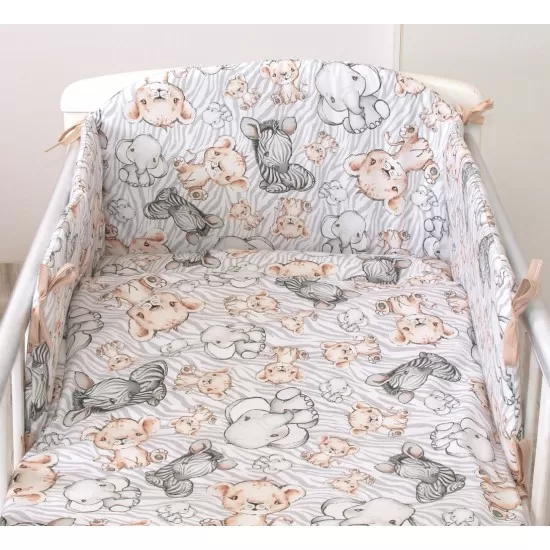 Set lenjerie din bumbac cu protectie laterala pentru pat bebe 120 x 60 cm, Safari Bej, Amy