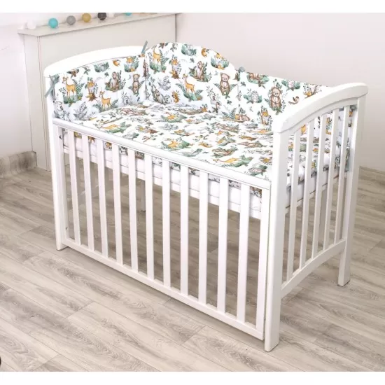 Set lenjerie din bumbac cu protectie laterala pentru pat bebe 120 x 60 cm, Animalute de padure, Amy