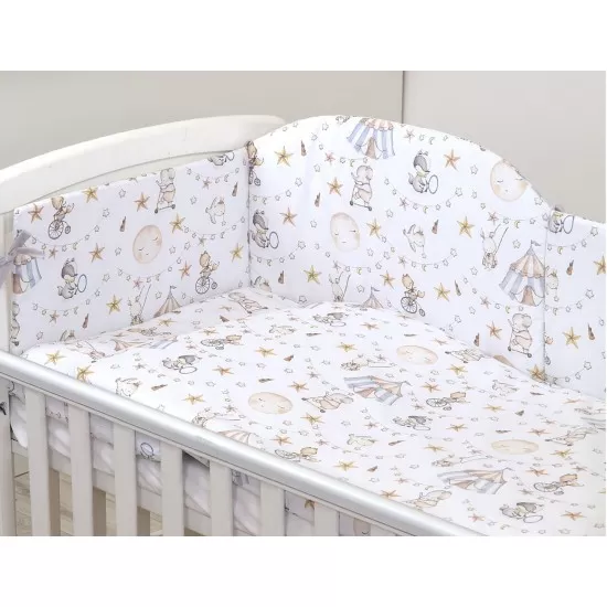 Set lenjerie din bumbac cu protectie laterala pentru pat bebe 120 x 60 cm, Circ Blue, Amy