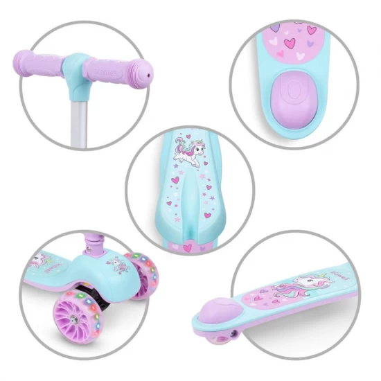 Trotineta copii cu sezut, transformabila 2 in 1, pliabila, cu lumini LED, Rimba Unicorn, 1-5 ani, pana la 50 kg, Kidwell Trotineta copii cu sezut, transformabila 2 in 1, pliabila, cu lumini LED, Rimba Unicorn, 1-5 ani, pana la 50 kg, Kidwell