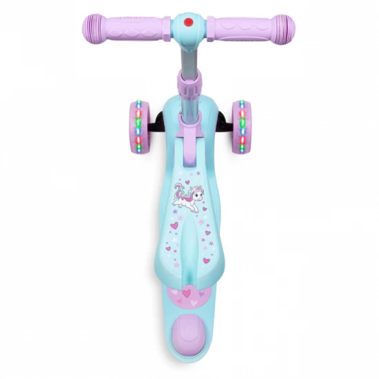 Trotineta copii cu sezut, transformabila 2 in 1, pliabila, cu lumini LED, Rimba Unicorn, 1-5 ani, pana la 50 kg, Kidwell Trotineta copii cu sezut, transformabila 2 in 1, pliabila, cu lumini LED, Rimba Unicorn, 1-5 ani, pana la 50 kg, Kidwell
