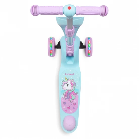 Trotineta copii cu sezut, transformabila 2 in 1, pliabila, cu lumini LED, Rimba Unicorn, 1-5 ani, pana la 50 kg, Kidwell Trotineta copii cu sezut, transformabila 2 in 1, pliabila, cu lumini LED, Rimba Unicorn, 1-5 ani, pana la 50 kg, Kidwell