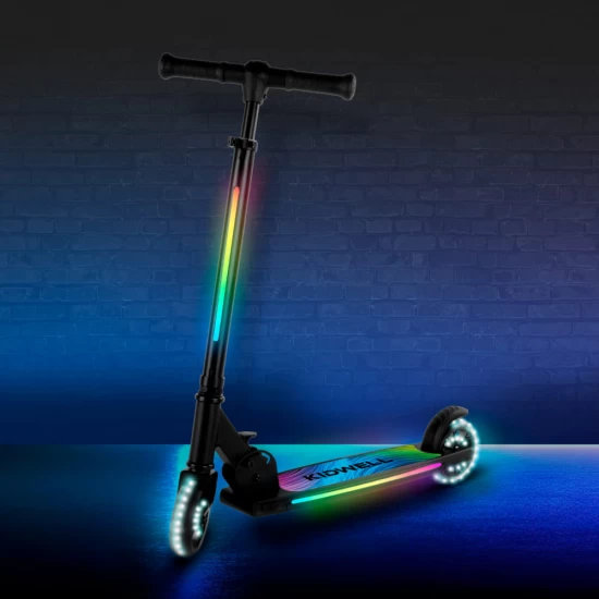 Trotineta cu 2 roti pentru copii, 3 in 1, pliabila, reglabila, cu iluminare LED incorporata, Mido Black, 5 ani+, pana la 100 kg, Kidwell