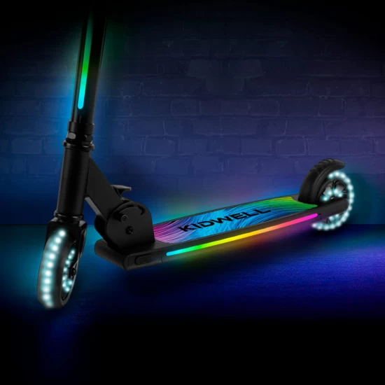 Trotineta cu 2 roti pentru copii, 3 in 1, pliabila, reglabila, cu iluminare LED incorporata, Mido Black, 5 ani+, pana la 100 kg, Kidwell