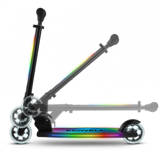 Trotineta cu 2 roti pentru copii, 3 in 1, pliabila, reglabila, cu iluminare LED incorporata, Mido Black, 5 ani+, pana la 100 kg, Kidwell