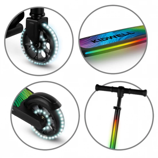 Trotineta cu 2 roti pentru copii, 3 in 1, pliabila, reglabila, cu iluminare LED incorporata, Mido Black, 5 ani+, pana la 100 kg, Kidwell