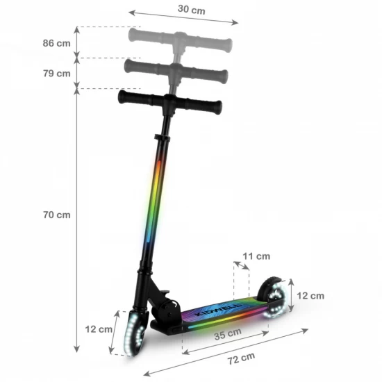 Trotineta cu 2 roti pentru copii, 3 in 1, pliabila, reglabila, cu iluminare LED incorporata, Mido Black, 5 ani+, pana la 100 kg, Kidwell