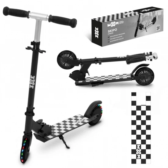 Trotineta pliabila, WXM, SKIPO Chess, aluminiu, roti LED 120mm, pana la 50 kg, alb negru