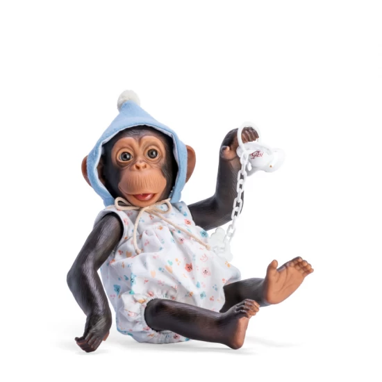 Figurina Maimutica Reborn cu scutec, costumas cu boneta albastra si suzeta Figurina Maimutica Reborn cu scutec, costumas cu boneta albastra si suzeta