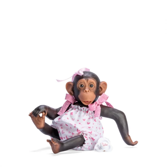 Figurina Maimutica Reborn cu scutec, costumas cu fundite roz si suzeta Figurina Maimutica Reborn cu scutec, costumas cu fundite roz si suzeta