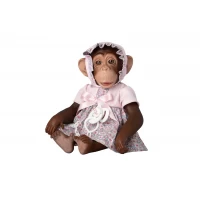 Figurina Maimutica Reborn cu scutec, rochita, boneta roz si suzeta