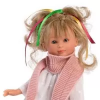 Papusa Celia cu pantaloni rosii si camasa alba 30 cm