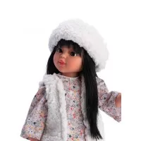 Papusa Sabrina bruneta cu vesta si caciulita alba 40 cm