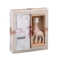 Set Cadou SOPHIEsticat cu Girafa Sophie si scutec bumbac120x120 cm