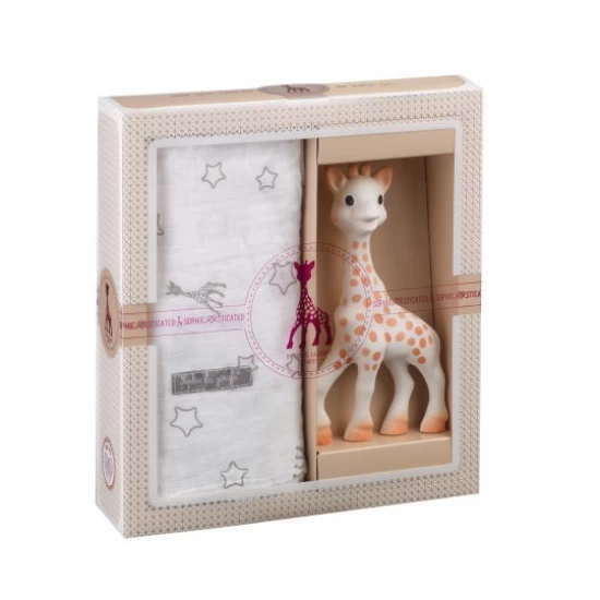 Set Cadou SOPHIEsticat cu Girafa Sophie si scutec bumbac120x120 cm