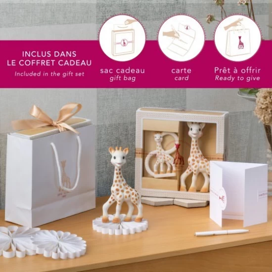 Set Cadou SOPHIEsticat cu Girafa Sophie si scutec bumbac120x120 cm