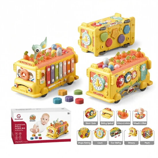 Jucarie interactiva bebelusi, autobuz cu activitati, xilofon, ceas si piese de sortare, galben 