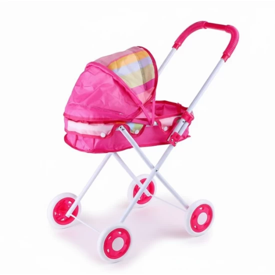 Carucior papusi cu landou, pliabil, model roz cu dungi multicolore, 57x48x29 cm