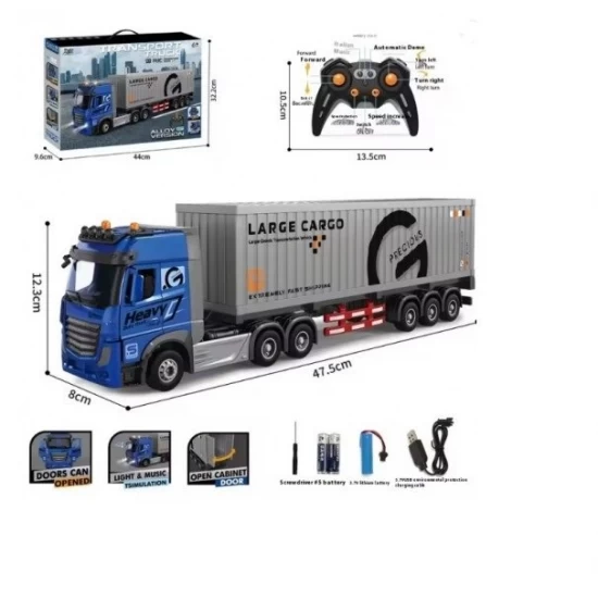 Camion container cu telecomanda, 9 functii, lumini, sunete, deschidere usi, cablu USB, scara 1:24