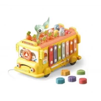 Jucarie interactiva bebelusi, autobuz cu activitati, xilofon, ceas si piese de sortare, galben 