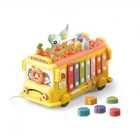Jucarie interactiva bebelusi, autobuz cu activitati, xilofon, ceas si piese de sortare, galben 