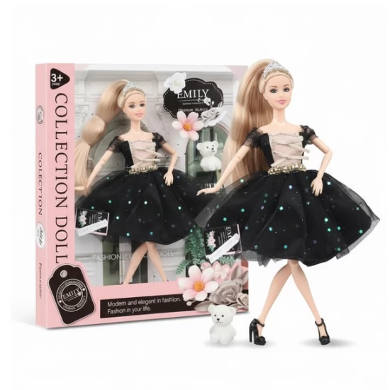Papusa Emily cu rochita eleganta cu paiete si figurina ursulet