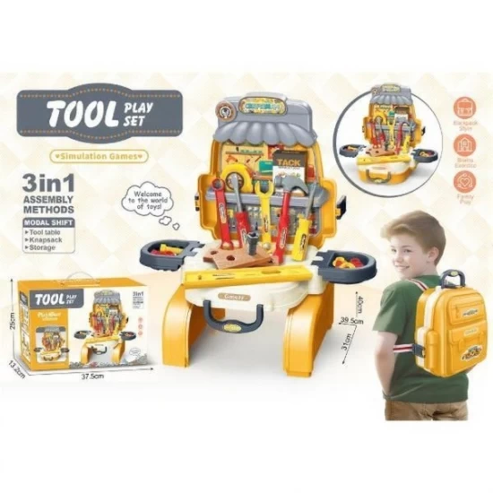 Set de unelte pentru copii, banc de lucru si ghiozdan de jucarie 3 in 1