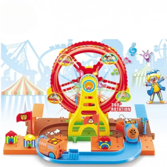 Set asamblare circuit parc de distractii cu roata mare si trenulet electric 30 piese 