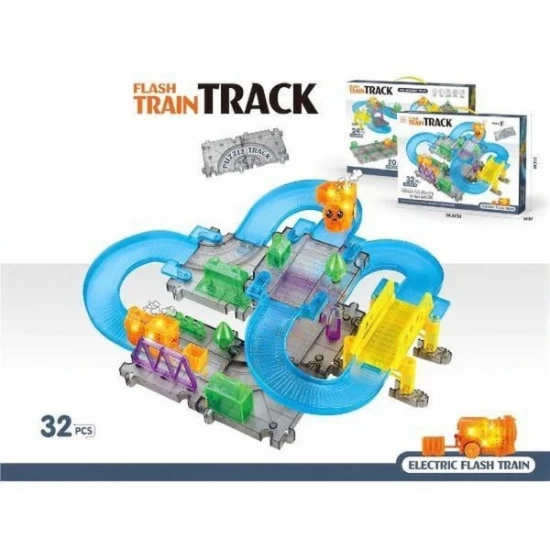Set circuit feroviar cu locomotiva transparenta, sunete si lumini 32 piese