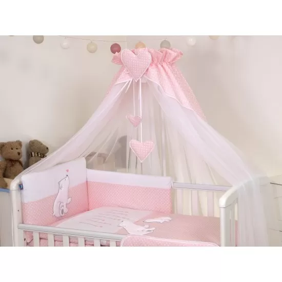 Baldachin din tul pentru patut bebe Bear Heart Roz, 160 x 600 cm, suport de prindere inclus Baldachin din tul pentru patut bebe Bear Heart Roz, 160 x 600 cm, suport de prindere inclus