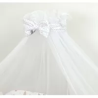 Baldachin din tul pentru patut bebe Caprioara, Funda cu buline, 160 x 300 cm