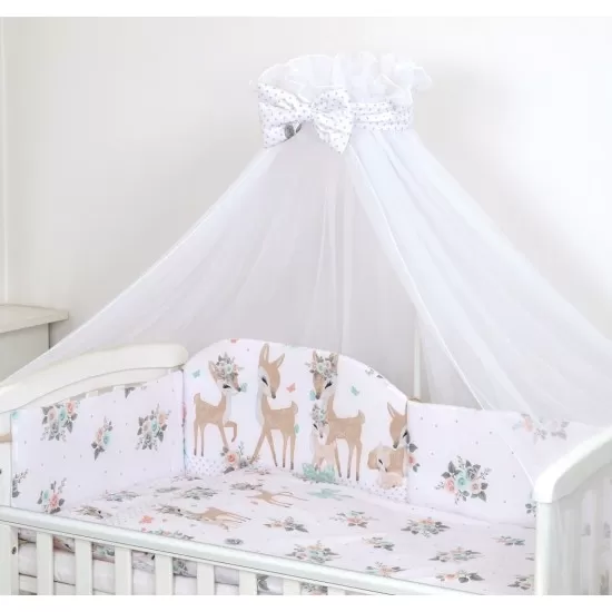 Baldachin din tul pentru patut bebe Caprioara, funda cu buline, 160 x 300 cm, suport de prindere inclus