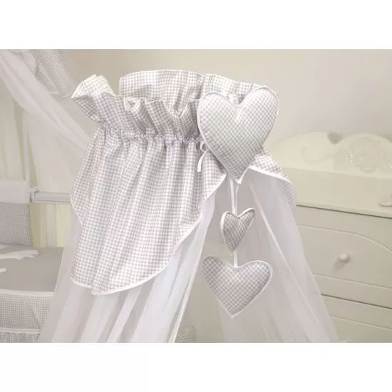 Cos bebe cu suport pe roti cu saltea, lenjerie si baldachin Bear Heart Grey Cos bebe cu suport pe roti cu saltea, lenjerie si baldachin Bear Heart Grey