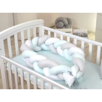 Protectie laterala patut bebe Bumper impletit Inchidere Velcro Bumbac White Grey Mint 210 cm