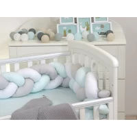 Protectie laterala patut bebe Bumper impletit Inchidere Velcro Bumbac White Grey Mint 210 cm