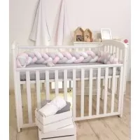 Protectie laterala patut bebe bumper impletit inchidere velcro bumbac White Pink Grey 210 cm