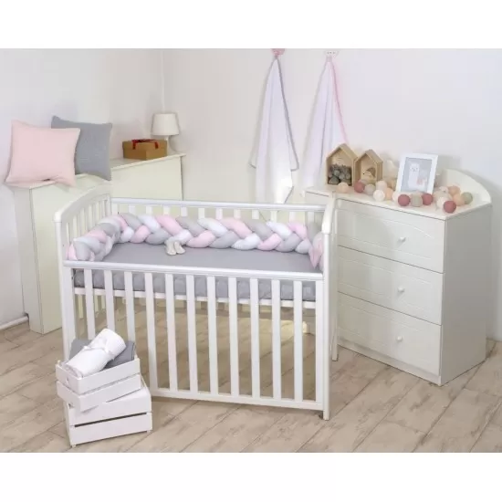Protectie laterala patut bebe bumper impletit inchidere velcro bumbac White Pink Grey 210 cm Protectie laterala patut bebe bumper impletit inchidere velcro bumbac White Pink Grey 210 cm