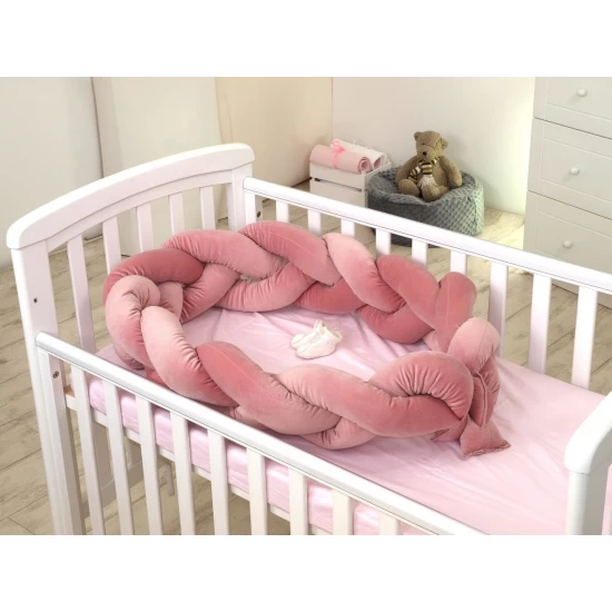Protectie laterala patut bebe, Bumper impletit, Inchidere Velcro, Velvet Dirty Pink, 210 cm