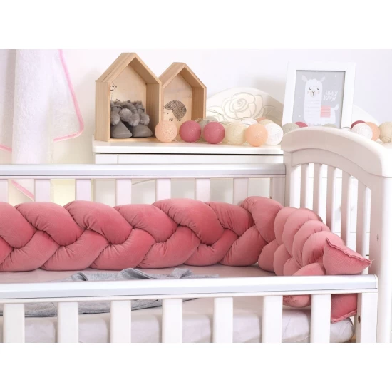 Protectie laterala patut bebe, Bumper impletit, Inchidere Velcro, Velvet Dirty Pink, 210 cm