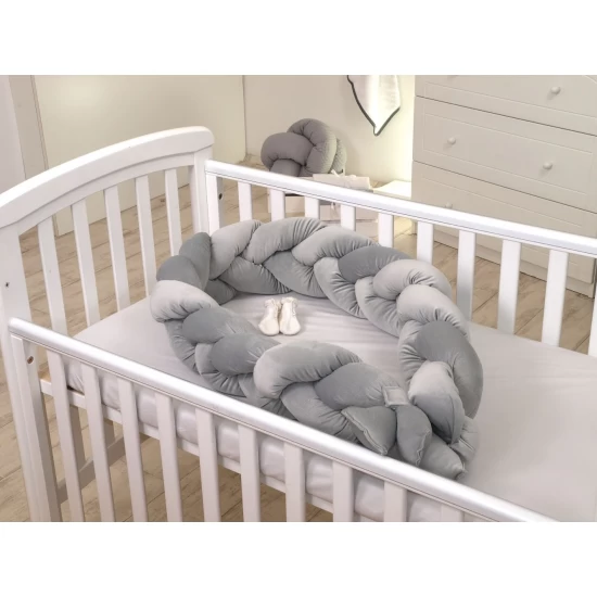Protectie laterala patut bebe, Bumper impletit, Inchidere Velcro, Velvet Grey, 210 cm