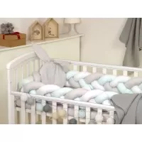 Protectie laterala patut bebe, Bumper impletit, Inchidere Velcro, Bumbac White Grey Mint 340 cm