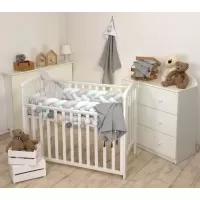 Protectie laterala patut bebe, Bumper impletit, Inchidere Velcro, Bumbac White Grey Mint 340 cm