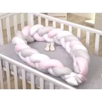 Protectie laterala patut bebe Bumper impletit Inchidere Velcro Bumbac White Grey Pink 340 cm