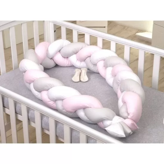 Protectie laterala patut bebe Bumper impletit Inchidere Velcro Bumbac White Grey Pink 340 cm