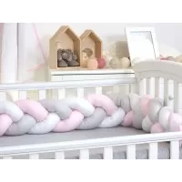 Protectie laterala patut bebe Bumper impletit Inchidere Velcro Bumbac White Grey Pink 340 cm