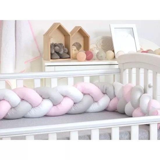 Protectie laterala patut bebe Bumper impletit Inchidere Velcro Bumbac White Grey Pink 340 cm