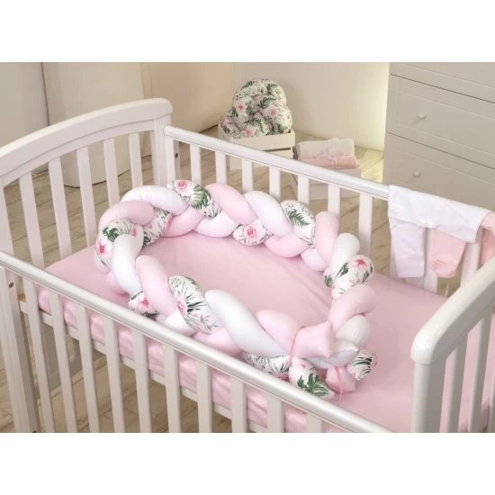Protectie laterala patut bebe, Bumper impletit, Inchidere Velcro, White Pink Rose, 340 cm