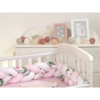 Protectie laterala patut bebe, Bumper impletit, Inchidere Velcro, White Pink Rose, 340 cm