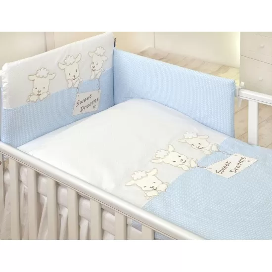 Set Lenjerie din bumbac, cu protectie laterala, pentru pat bebelusi, Sweet Dreams Blue, 120 x 60 cm